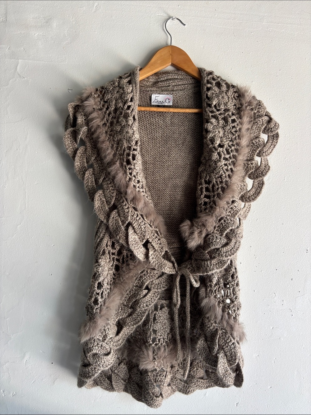 Lavish Taupe Crochet Wool Knit & rabbit fur trim Sweater Vest - Picture 2 of 8
